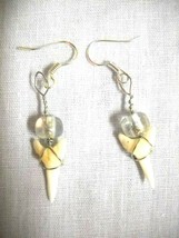 Real Shark Tooth With Wire Wrap &amp; Clear Glass Bead Topper Pair Dangling Earrings - £11.91 GBP
