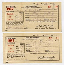 Pair of 1937 Texas Poll Tax Receipts County of Travis White / Colored  - £68.27 GBP