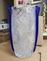 Vtg Crystal 9.75&quot; Vase w/ Cobalt Blue Applied Rigaree Handles Pinwheels,... - £58.56 GBP