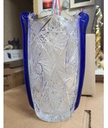 Vtg Crystal 9.75&quot; Vase w/ Cobalt Blue Applied Rigaree Handles Pinwheels,... - £57.60 GBP