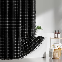 84 Inch Shower Curtain Extra Long Black Boho Linen Fabric Vintage Shower Curtain - £41.29 GBP