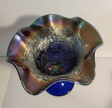 Fenton Blue Peacock At the Urn Carnival Glass Ruffle Top Compote image 2