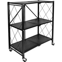 3-Tier Heavy Duty Foldable Metal Rack Storage Shelving Unit With Wheels Moving E - £82.57 GBP