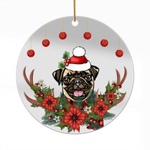 Funny Pug Dog Wreath Christmas Ornament Acrylic Deer Anlters Gift Decor Hanging - £13.38 GBP