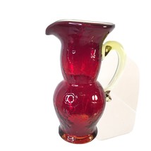 Small Red Amberina Crackle Glass Pitcher Yellow Handle 5.5”H - £12.97 GBP