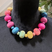 Vintage Colorful Rainbow Chunky Wood Beaded Choker Necklace with Toggle Clasp - £21.74 GBP