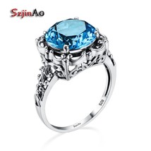 Byzantine Style Luxury Women Blue Birthstone Aquamarine Ring 925 Sterling Silver - £39.62 GBP