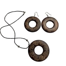 Large Lightweight Pierced Dangle Hook Wood Earring Necklace Set u Handmade Boho - £18.18 GBP