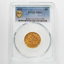 1893 $5 Gold Liberty Half Eagle Graded by PCGS as MS-62! Gorgeous Early ... - $891.00