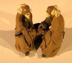 Miniature Ceramic Figurine  Two Men Sitting on Bench - 2&quot;  Unglazed - £6.20 GBP