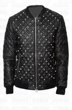 New Men&#39;s Custom Unique Silver Black Studded Quilted Biker Leather Jacket-418 - £192.44 GBP+