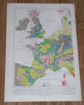 1925 Vintage Geological Map Of Western Europe / France Great Britain Netherlands - $26.53