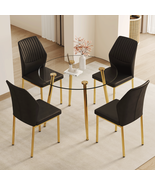 Modern Luxury Glass Dining Set, 39.7&quot; Gold Leg Table, 4 Black PU Chairs - $736.27 CAD