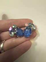 Vintage Signed Coro Blue AB and Glass Rhinestone Clip Earrings RARE - $46.64