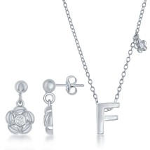 Sterling Silver Shiny &quot;F&quot; with Tiny CZ Flower Necklace and Earrings Set - £60.21 GBP