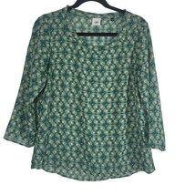 Cabi Long Sleeve Top M Womens Green Cream Pullover Crew Neck Sheer Blouse - £12.92 GBP