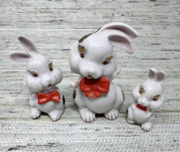 3 Anthropomorphic Porcelain White Bunny Figurines Red Bowtie Kitsch Grannycore - £15.15 GBP