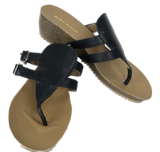 Mark &amp; Maddux Wedge Flip Flop Black Leather Size 8 Double Buckle Sandal ... - $49.99