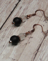 Frosted Round Glass Crystal Drop Pierced Earrings Handmade Copper Black White - £6.99 GBP
