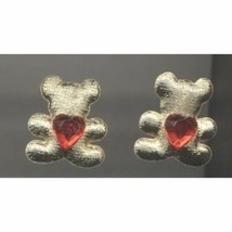 Big Puffy GOLD TEDDY BEAR RED HEART Stud Earrings Faux Jewel BFF Novelty... - $90.77 MXN