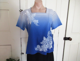 Alfred Dunner top Happy Hour PM blue stripe embroidered square neck shor... - $22.49