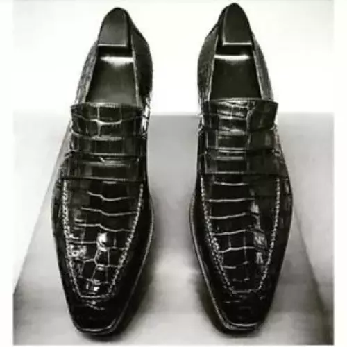 Handcrafted Men&#39;s Black Alligator Leather Moccasin Slip On Loafer Dress ... - £119.65 GBP