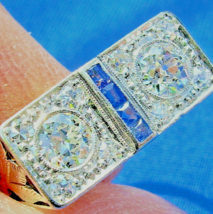 Earth mined Diamond Sapphire Art Deco Ring Antique Platinum 14k Chunky Setting - £4,252.10 GBP
