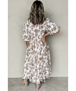 Khaki Floral Puff Sleeve V Neck Buttoned Front Maxi Dress - $619.64 MXN