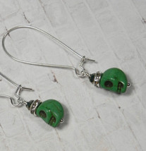 Howlite Skull Crystal Rhinestone Drop Pierced Earrings Handmade Green New - $9.89