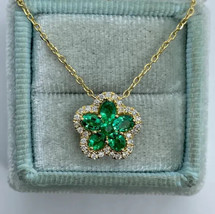 2Ct Oval Cut CZ Green Emerald Flower Pendant 14K Yellow Gold Silver Plated - £88.38 GBP
