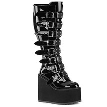 DEMONIA SWI815WC/B Wedge Platform Wide Calf Buckles Black Patent Knee High Boots - £105.75 GBP