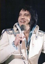 Elvis Presley in concert smiling pose in white jumpsuit &amp; blue shirt 5x7 photo - $7.99