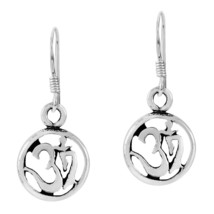Sacred Aum or Ohm Symbol Circle Disc Sterling Silver Dangle Earrings - £11.83 GBP