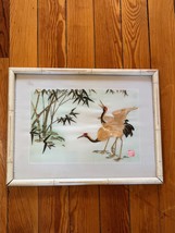 Vintage Asian Artist Signed Dyed Reed Grass Two Cranes w Bamboo in Cream Painted - £22.50 GBP