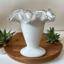 Vintage Fenton Silver Crest White Pedestal 4” Vase Ruffled Edge Milk Glass - $40.64 CAD