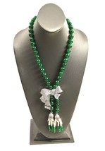 New! Jade Pearl &amp; Faceted Green Jasper Bow Accent Statement Necklace - £968.91 GBP