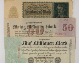 1922-1923 Germany 3-Notes Set Weimar 10000, 5 Million &amp; 50 Million Mark Bills - £37.83 GBP