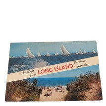 Postcard Greetings From Long Island Beach Sailing NY Chrome Posted - £7.83 GBP