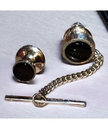 Vintage Tie Tack Lapel Pin Set Of 2   Round Black Onyx Stone Silver Tone - £18.55 GBP