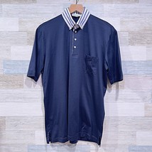 Bullock &amp; Jones Contrast Striped Collar Polo Shirt Navy Blue Cotton Mens... - $79.19