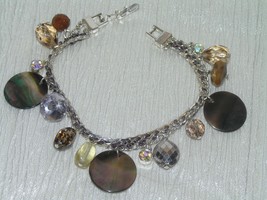 Estate Silvertone Link with Abalone Disk &amp; Clear &amp; Brown Plastic Bead Charm - £6.86 GBP