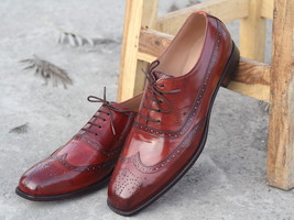 Stylish Handmade Men&#39;s Burgundy Wing Tip Brogue Leather Shoes, Men Designer Shoe - £109.07 GBP+