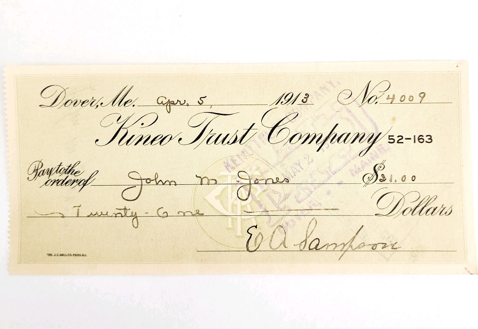 1913 Kineo Trust Company Bank Check E.A. Sampson Dover Maine Signed 4009 CHX5 Item image 2
