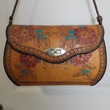 Vintage Tooled Leather Shoulder Box Bag Handmade Floral Soutwest Turq Re... - $76.22