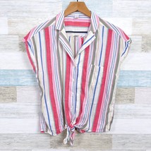 Old Navy Notch Collar Tie Hem Shirt Pink Multi Striped Short Sleeve Womens Small - £13.29 GBP