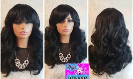 Celina&quot; Black Synthetic Wig Body Wave Curls Wig With Bangs,  Full Cap Glueless W - £57.40 GBP