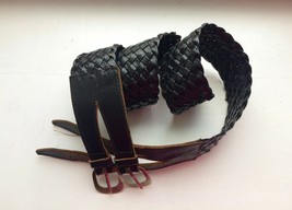 Vintage Braided Leather Belt, Black Leather Waist Belt, Wide Belt M L, 1970&#39;s - £19.65 GBP
