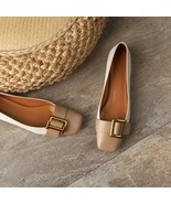 Natural Genuine Leather Flat Shoe Women Gold Metal Buckle Square Toe Fla... - £77.33 GBP