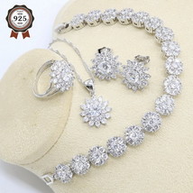 White Zircon 925 Silver Wedding Jewelry Set for Women Bracelet Stud Earring Neck - £23.11 GBP