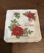 New Maxcera 4 Dinner Plates Ceramic Square Scalloped Christmas Holly Poinsettia - £60.27 GBP
